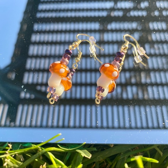 🍄handcrafted purple & brown mushroom earrings🍄 - Picture 3 of 4